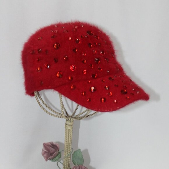 Rabbit Fur with Red Rhinestones Baseball Cap - Picture 2 of 11